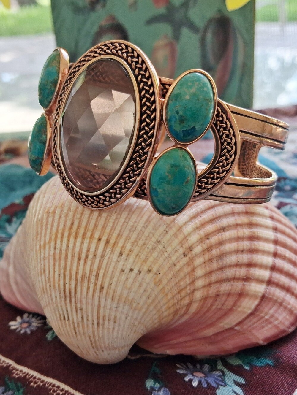 STUDIO BARSE BEAUTIFUL SMOKEY TOPAZ AND TURQUOISE  CUFF SET IN BRONZE